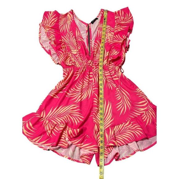 Women’s Pink Palm Leaf Print Deep V-Neck Flutter Sleeve Romper- Size Small - Picture 12 of 16